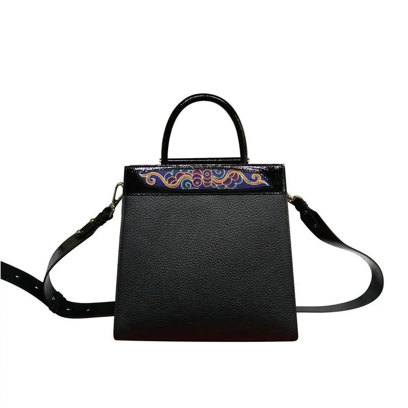 Vintage fashion cow leather women handbags embroidery patchwork shoulder bag