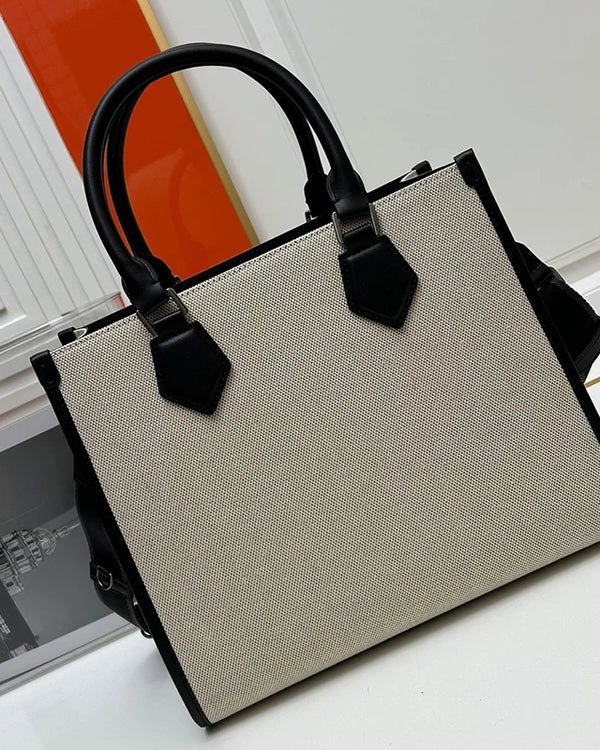 2024 New Trend Men's Women's Bag Black Canvas Leather Splice Tote Bags Concise Fashion Slope Carrying Handbag Shopping Bags