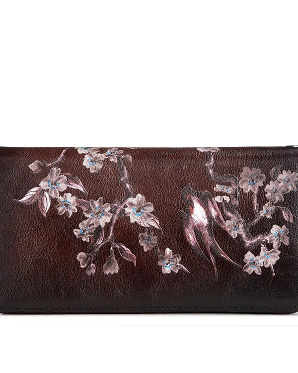 Genuine leather animal birds print women long purse wrist wallet
