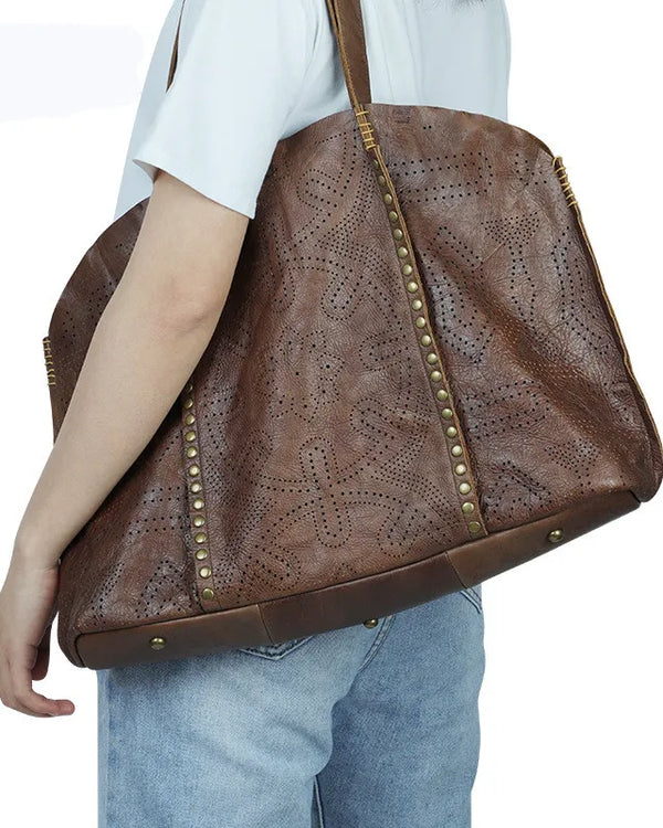 Genuine leather cow skin large casual shopping bag soft handmade tote bags