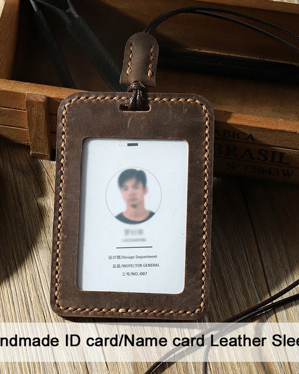 Handmade Crazy horse Genuine Leather Lanyard Card ID Holder Men access card holder Sleeve neck strap license name card case XK01