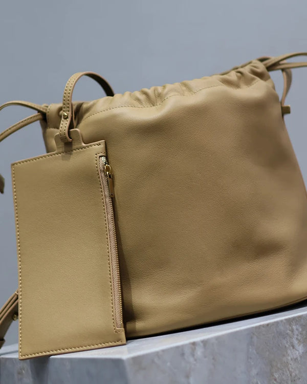 Khaki Color Retro Small Bucket Bags Men's  Women's  2024 New Fashion Trend Leather Single Shoulder Bag Concise Cross Body Bags